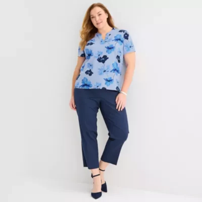 Liz Claiborne Womens Plus Split Crew Neck Short Sleeve Blouse