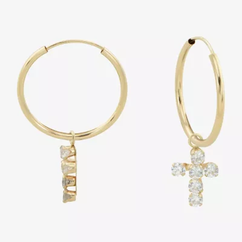 Womens Cubic Zirconia 14K Gold 18mm Cross Hoop Earrings