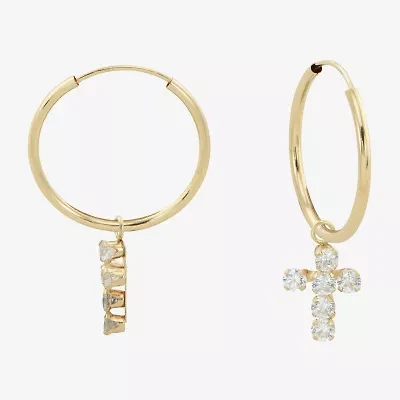 Womens Cubic Zirconia 14K Gold 18mm Cross Hoop Earrings