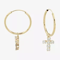 Womens Cubic Zirconia 14K Gold 18mm Cross Hoop Earrings