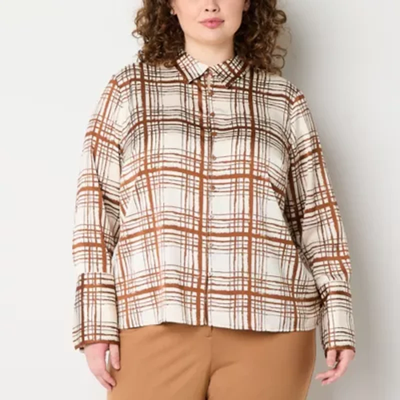 Worthington Womens Long Sleeve Cuffed Fitted Plus Button-Down Shirt