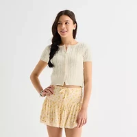 Arizona Womens Crew Neck Short Sleeve Button Juniors Cardigan