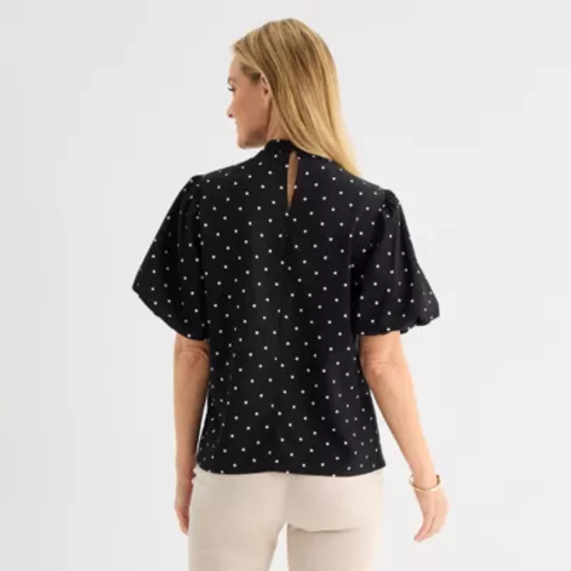 Liz Claiborne Womens Mock Neck Short Sleeve Blouse