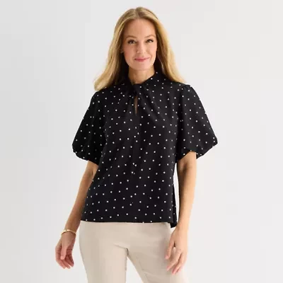 Liz Claiborne Womens Mock Neck Short Sleeve Blouse