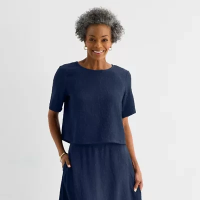 Liz Claiborne Womens Crew Neck Short Sleeve Blouse