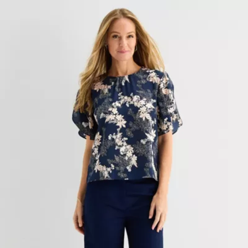 Liz Claiborne Womens Round Neck Short Sleeve Blouse