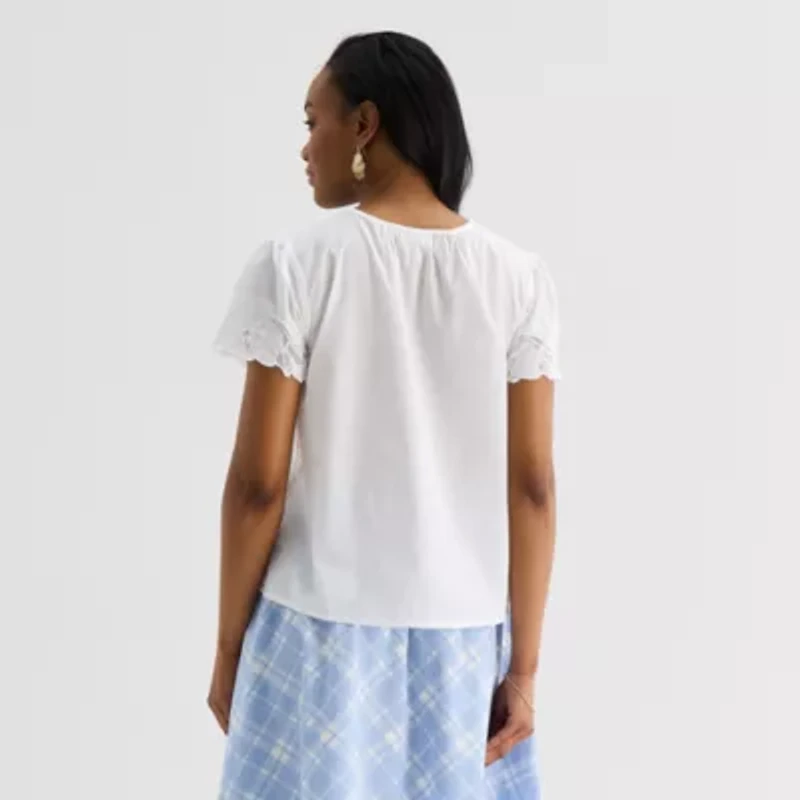 Liz Claiborne Womens Crew Neck Short Sleeve Embroidered Blouse