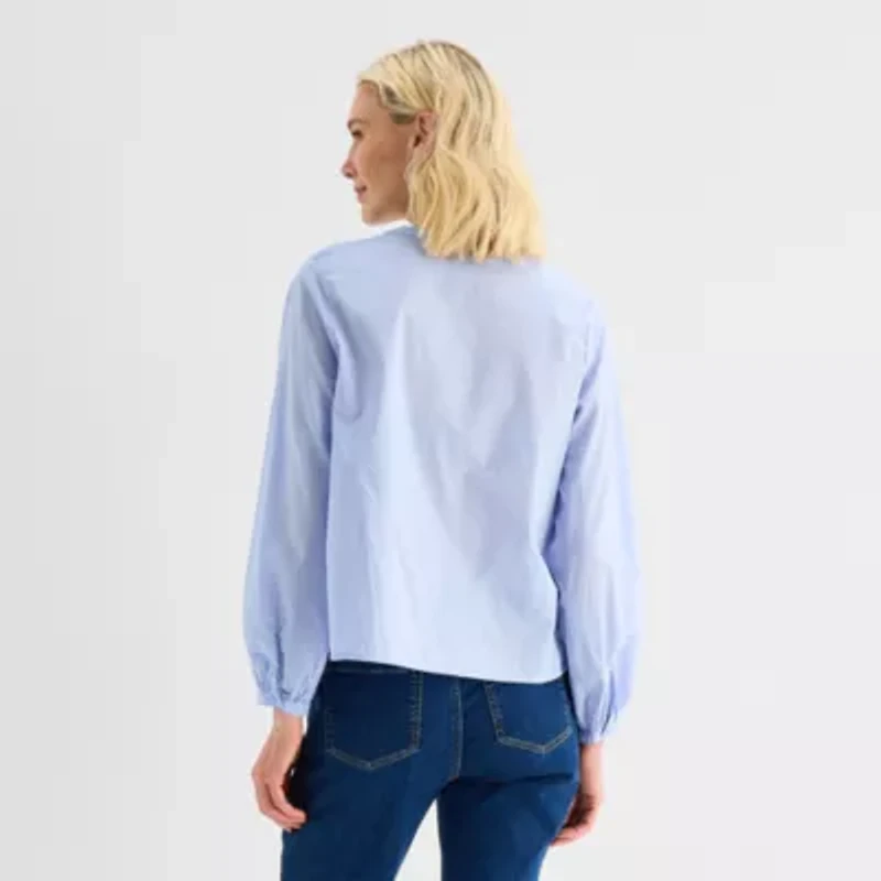 Liz Claiborne Womens Crew Neck Bishop Long Sleeve Regular Fit Button-Down Shirt