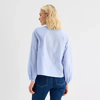 Liz Claiborne Womens Crew Neck Bishop Long Sleeve Regular Fit Button-Down Shirt