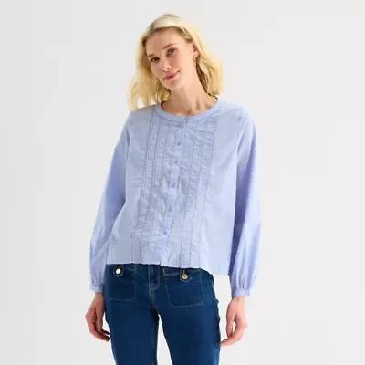 Liz Claiborne Womens Crew Neck Bishop Long Sleeve Regular Fit Button-Down Shirt