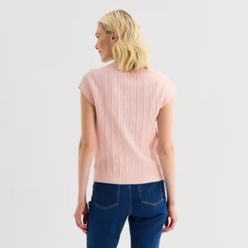 Liz Claiborne Womens Crew Neck Short Sleeve Button Cardigan