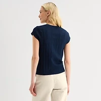 Liz Claiborne Womens Crew Neck Short Sleeve Button Cardigan