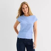 Liz Claiborne Womens Crew Neck Short Sleeve Button Cardigan
