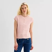Liz Claiborne Womens Crew Neck Short Sleeve Button Cardigan