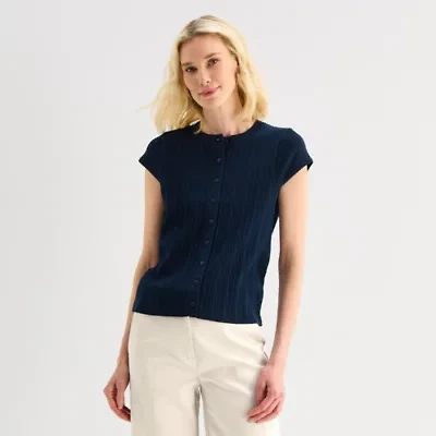 Liz Claiborne Womens Crew Neck Short Sleeve Button Cardigan