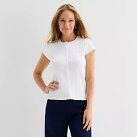 Liz Claiborne Womens Crew Neck Short Sleeve Button Cardigan