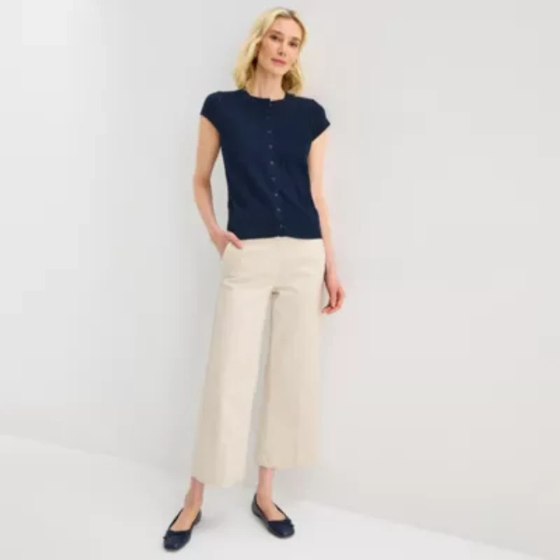 Liz Claiborne Womens Crew Neck Short Sleeve Button Cardigan