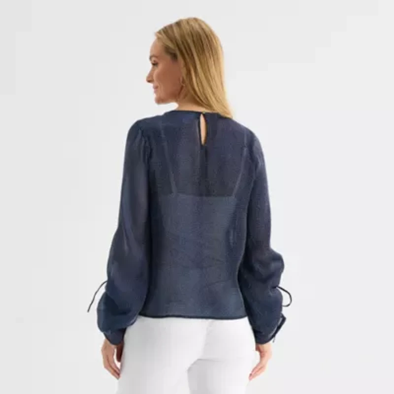 Liz Claiborne Womens Crew Neck Long Sleeve Blouse