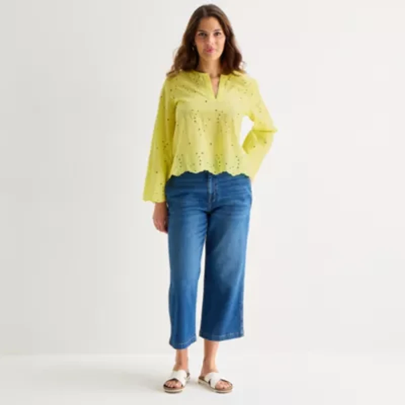 St. John's Bay Womens Split Crew Neck Long Sleeve Blouse