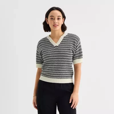 Stylus Womens V Neck Elbow Sleeve Pullover Sweater