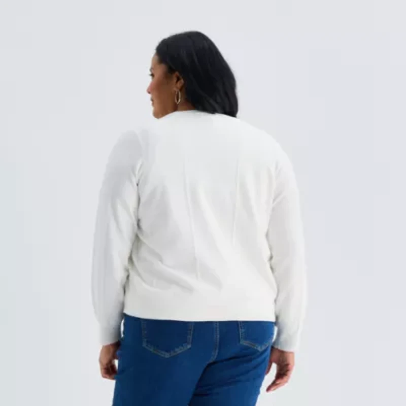 Liz Claiborne Womens Crew Neck Long Sleeve Button Plus Cardigan