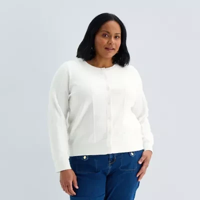 Liz Claiborne Womens Crew Neck Long Sleeve Button Plus Cardigan