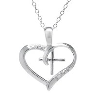 Silver Treasures Cubic Zirconia Sterling Silver Cross Heart Pendant Necklace