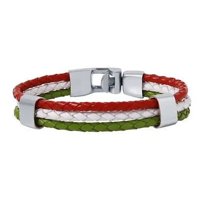 Mens Tri-Color Leather Stainless Steel Bracelet