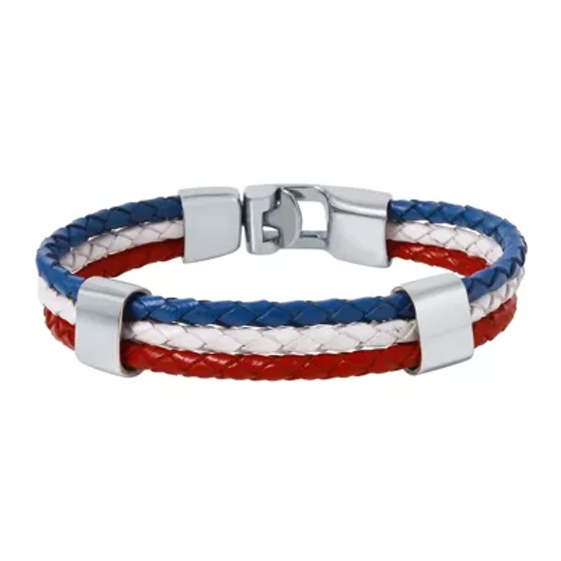 Mens Tri-Color Leather Stainless Steel Bracelet