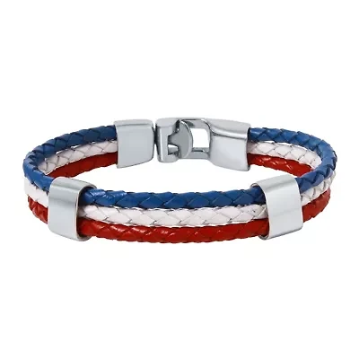 Mens Tri-Color Leather Stainless Steel Bracelet