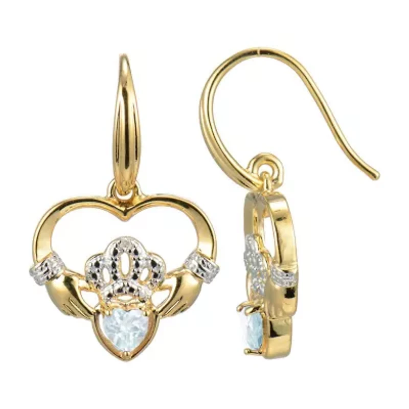 Heart-Shaped Genuine Aquamarine and Diamond-Accent Claddagh Earrings