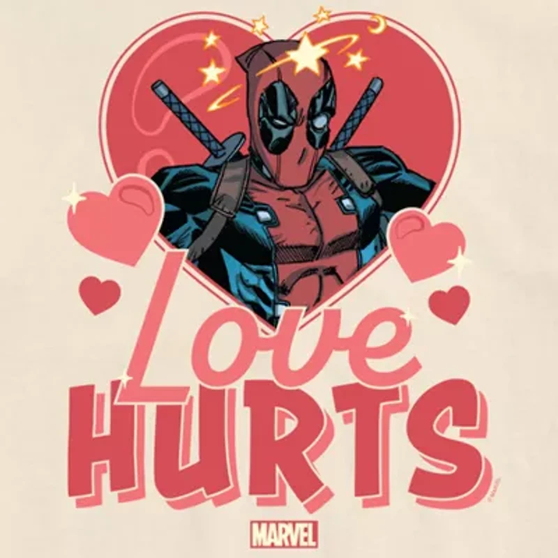 Love Hurts Tee Womens Juniors Crew Neck Short Sleeve Regular Fit Deadpool Marvel Graphic T-Shirt