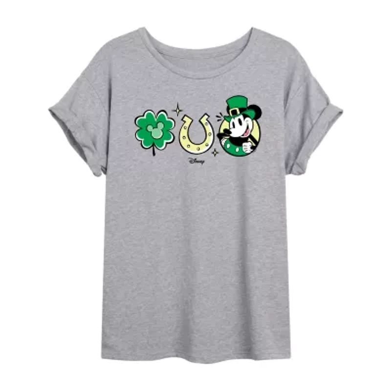 Disney Shamrock and Luck Tee Womens Juniors Crew Neck Short Sleeve Regular Fit Mickey Friends Graphic T-Shirt