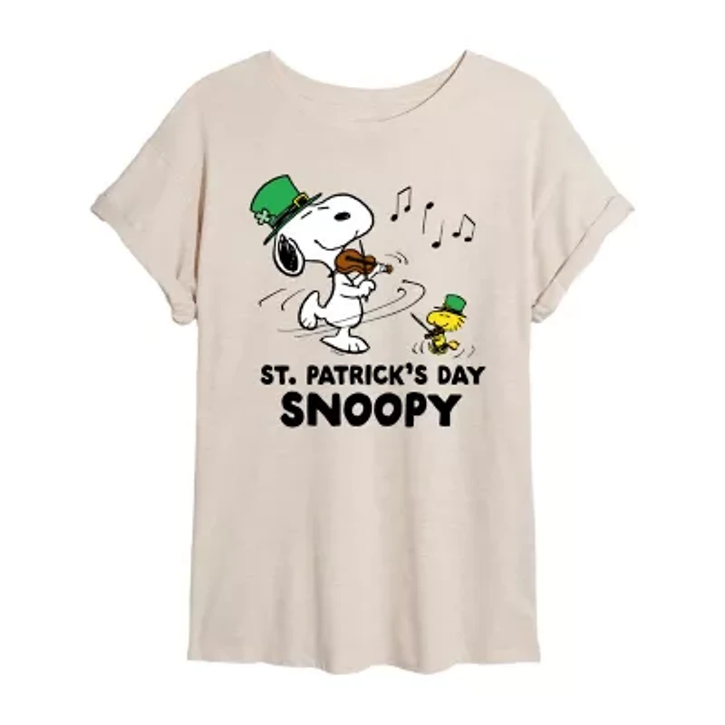 St Patrick'S Day Womens Crew Neck Short Sleeve Regular Fit Peanuts Snoopy Juniors Graphic T-Shirt