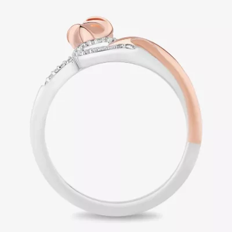 Enchanted Disney Fine Jewelry Womens 1/10 CT. T.W. Natural White Diamond 14K Rose Gold Over Silver Sterling Flower Heart Beauty and the Beast Belle Princess Cocktail Ring