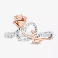 Enchanted Disney Fine Jewelry Womens 1/10 CT. T.W. Natural White Diamond 14K Rose Gold Over Silver Sterling Flower Heart Beauty and the Beast Belle Princess Cocktail Ring