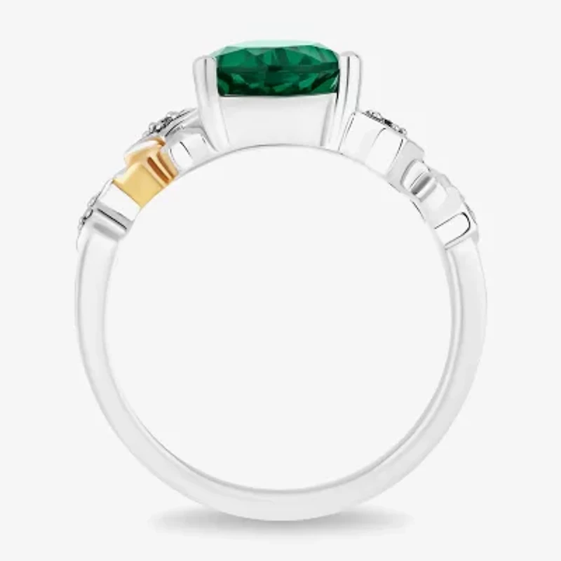 Enchanted Disney Fine Jewelry Womens Diamond Accent Lab Created Green Emerald 14K Gold Over Silver Sterling Pear Star Fairies Tinker Bell Side Stone Cocktail Ring