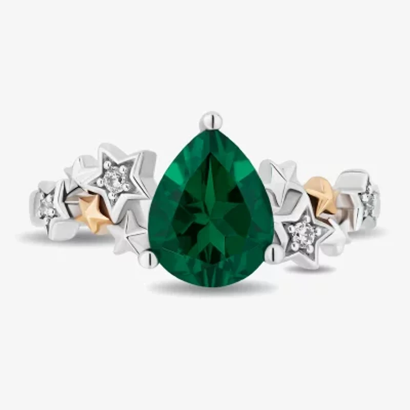 Enchanted Disney Fine Jewelry Womens Diamond Accent Lab Created Green Emerald 14K Gold Over Silver Sterling Pear Star Fairies Tinker Bell Side Stone Cocktail Ring