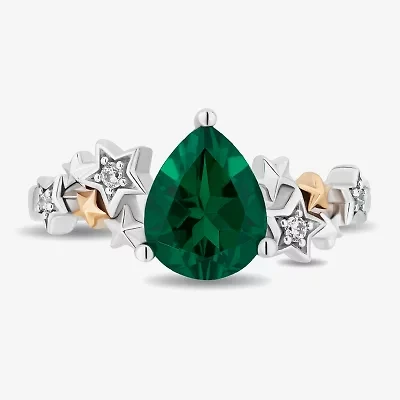 Enchanted Disney Fine Jewelry Womens Diamond Accent Lab Created Green Emerald 14K Gold Over Silver Sterling Pear Star Fairies Tinker Bell Side Stone Cocktail Ring