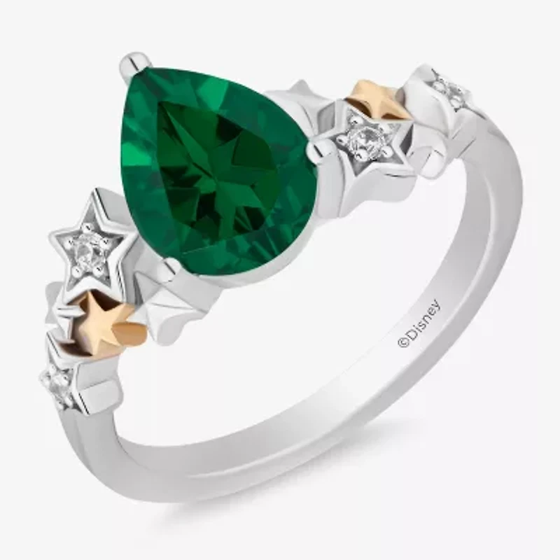 Enchanted Disney Fine Jewelry Womens Diamond Accent Lab Created Green Emerald 14K Gold Over Silver Sterling Pear Star Fairies Tinker Bell Side Stone Cocktail Ring