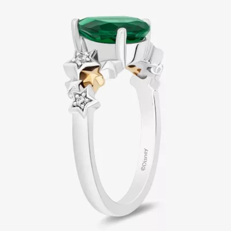 Enchanted Disney Fine Jewelry Womens Diamond Accent Lab Created Green Emerald 14K Gold Over Silver Sterling Pear Star Fairies Tinker Bell Side Stone Cocktail Ring