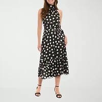 London Style Womens Sleeveless Dots and Hearts Midi Fit + Flare Dress