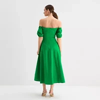 Melonie T Womens Off The Shoulder Short Sleeve Midi Fit + Flare Dress