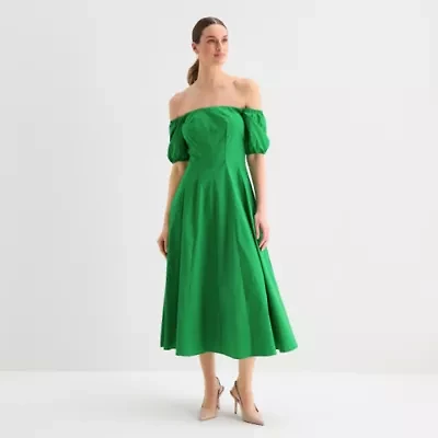 Melonie T Womens Off The Shoulder Short Sleeve Midi Fit + Flare Dress