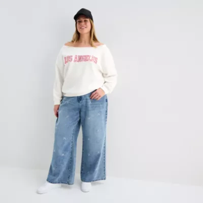 Forever 21 Womens Juniors Plus Boat Neck Long Sleeve Sweatshirt