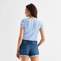 Arizona Womens Crew Neck Short Sleeve Button Juniors Cardigan