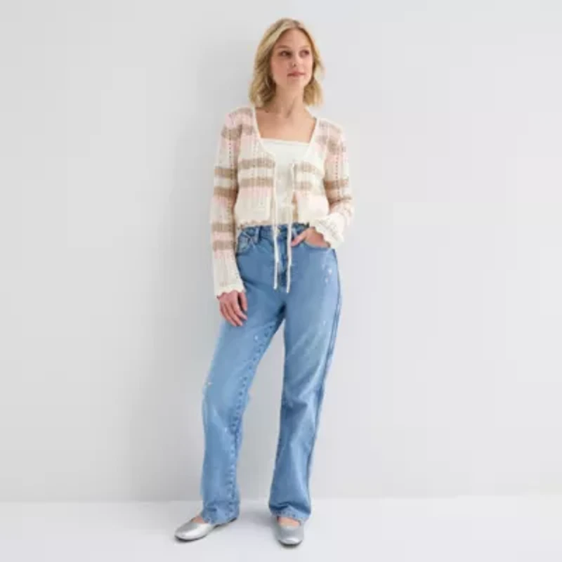 Arizona Womens Square Neck Long Sleeve Layered Sweater Juniors