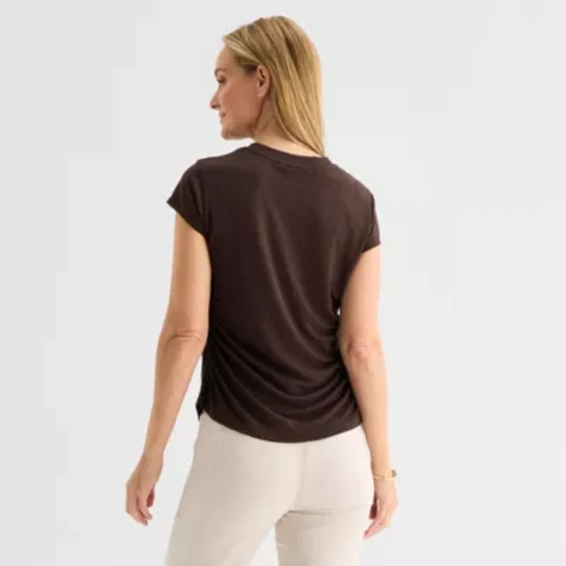 Liz Claiborne Ruched Womens Crew Neck Short Sleeve Blouse