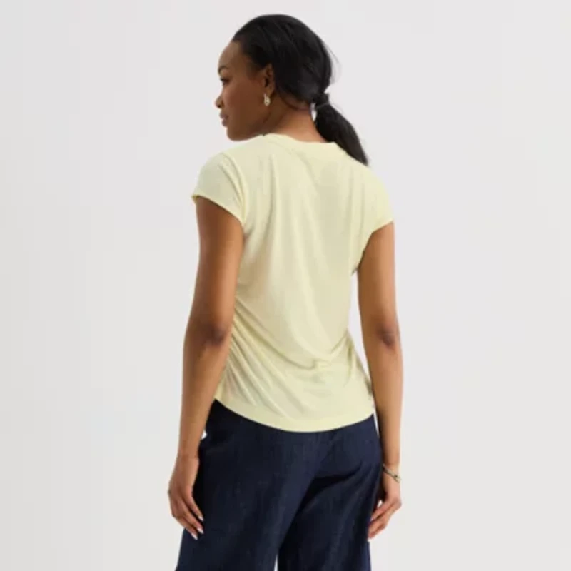 Liz Claiborne Ruched Womens Crew Neck Short Sleeve Blouse