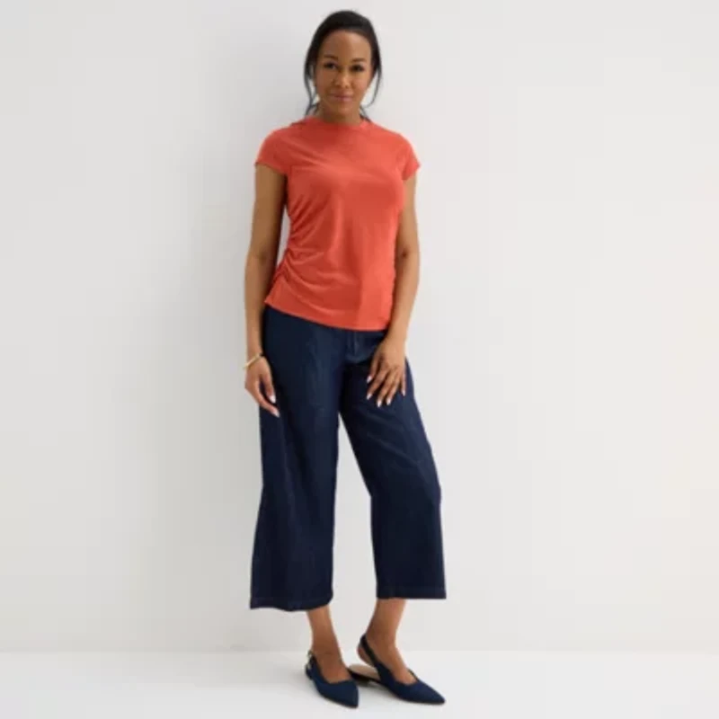 Liz Claiborne Ruched Womens Crew Neck Short Sleeve Blouse